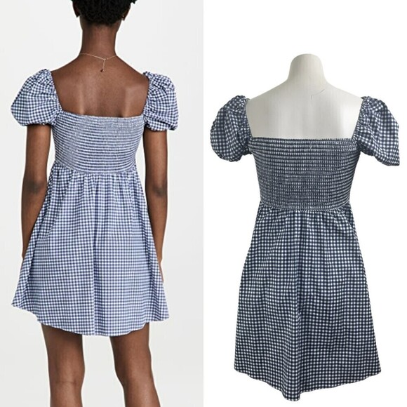 CAROLINE CONSTAS Gianna Navy Gingham Size S Fit & Flare Smocked Party Mini Dress - Picture 4 of 10
